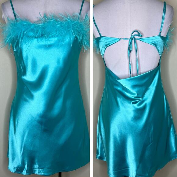 Thirty Thirty Slip Dress MEDIUM Blue Party Feather Trim Mini Going Out Cocktail - Picture 1 of 13
